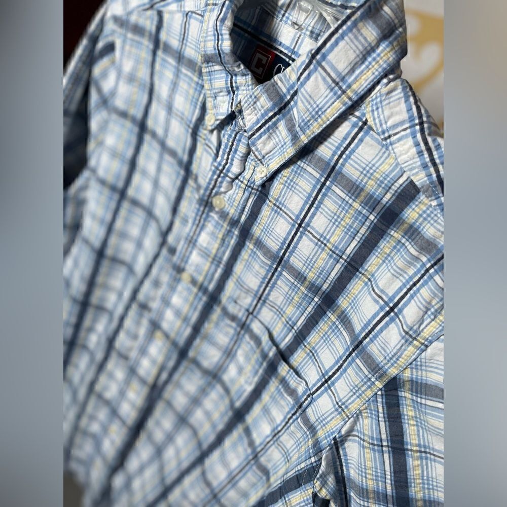 🔥❤️🔥 Chaps Casual Light Blue & Yellow Plaid Casual Short Sleeve Men’s Sm…